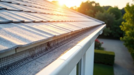 Golden Hour Roofline  A Detailed View of a Newly Installed Gutter System with Protective Mesh, Ensuring Optimal Water Drainage and Debris Prevention