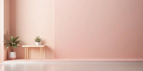 Fototapeta premium Minimalist interior scene with blush pink wall and small wooden table