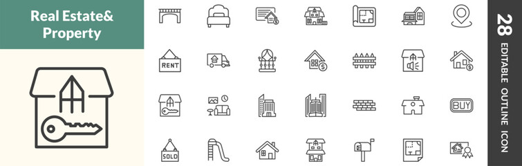 outline real estate industry icons set. editable linear bridges, bedroom, deposit, and other 25 icons in this category isolated on transparent background.