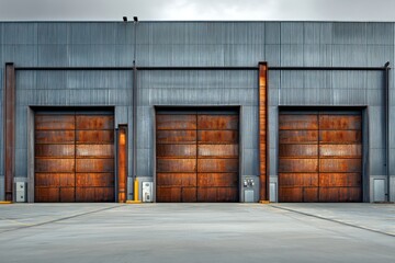 A steel warehouse with corrugated walls, large roller doors, and rust-stained beams against a gray sky