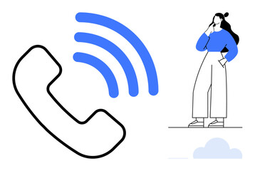 Large phone receiver with blue signal waves emanating. Person in blue top and white pants thinking. Ideal for communication, connection, telephony, technology, customer service, networking