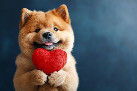 Chow - my treasured dog. Marketing visual idea. Cute chow doggy with diamond red heart - sign of love, funny greeting card. Valentine's adorable furry friends. Red heart decorations.