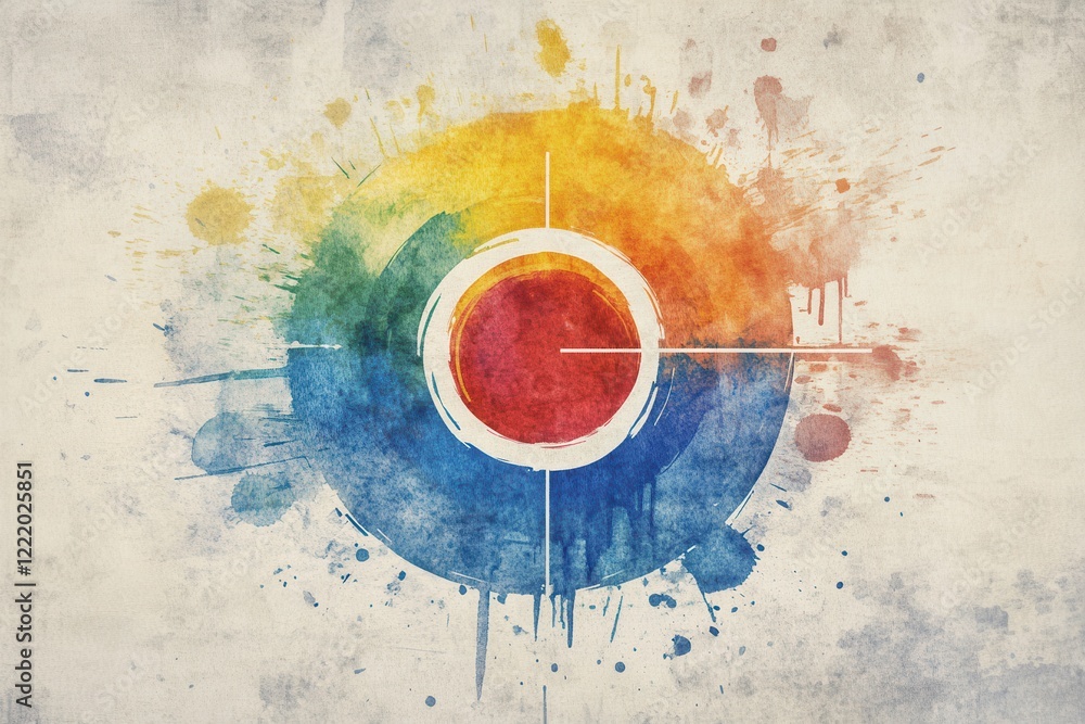 Poster a vibrant, abstract design featuring a circular pattern with bright colors and splashes, evoking cre