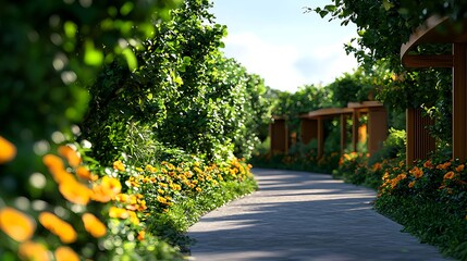 Fototapeta premium Serene Garden Pathway Surrounded by Vibrant Greenery and Flowers