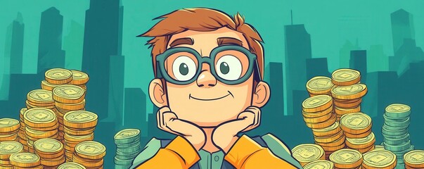 A cheerful cartoon character surrounded by stacks of coins, set against a city skyline, symbolizing wealth and ambition.