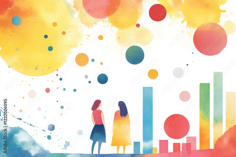 Poster two figures stand against a colorful backdrop of circles and bars, symbolizing creativity and connec