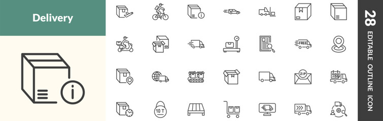 outline delivery and logistics icons set. editable linear delivery by plane, delivery by bike, info, and other 25 icons in this category isolated on transparent background.