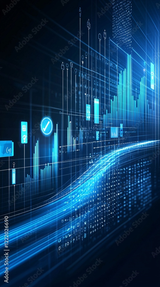Poster an abstract representation of a marketing forecast with flowing data lines and glowing icons
