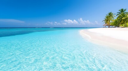 Fototapeta premium Serene and secluded tropical island paradise with a stunning white sand beach azure turquoise waters and luxurious private cabanas the ultimate getaway for relaxation and rejuvenation