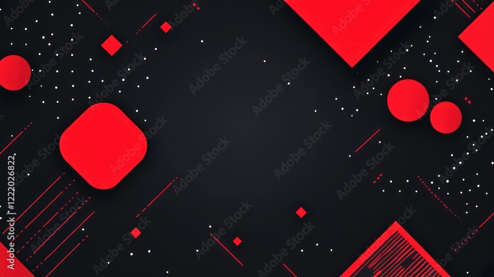 Poster red geometric shapes float on a dark backdrop, used as a background for design or presentations