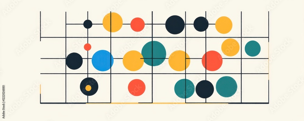 Poster a colorful abstract design featuring various circles arranged in a grid-like pattern against a light