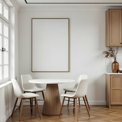 A modern dining area featuring a round white table with a wooden base, surrounded by four white upholstered chairs with wooden legs.