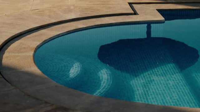 Tranquil blue swimming pool water in a Moroccan riad. The poolside features smooth sandstone paving. The reflection of a parasol adds to the serene ambiance. travel, lifestyle, relaxation