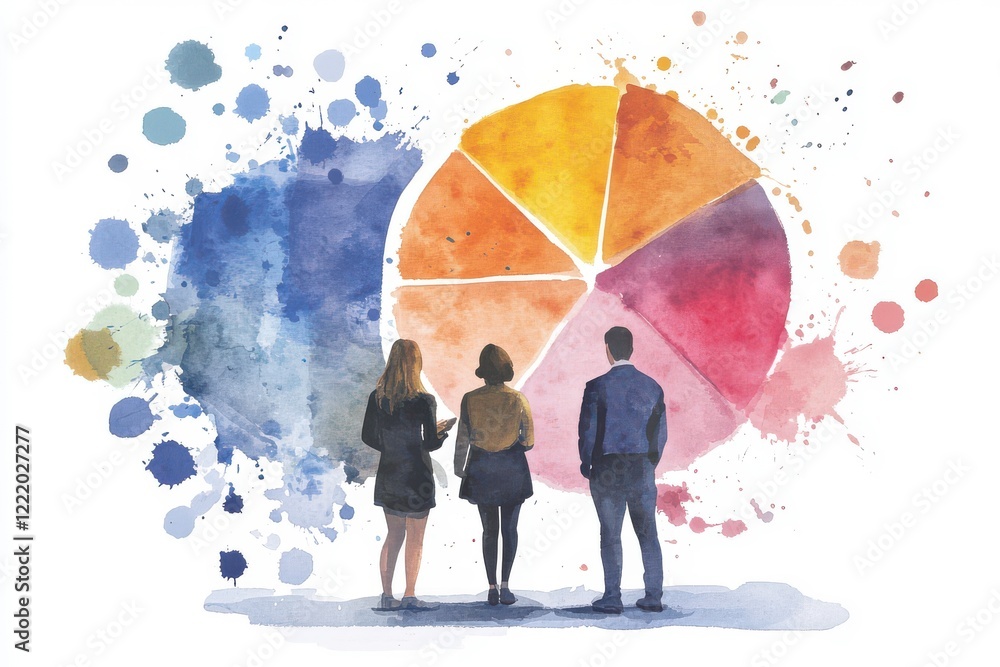 Poster three figures observe a colorful pie chart against a backdrop of vibrant watercolor splashes, symbol