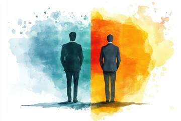 Two silhouettes stand back-to-back, surrounded by contrasting blue and orange watercolor splashes, symbolizing duality and choice.