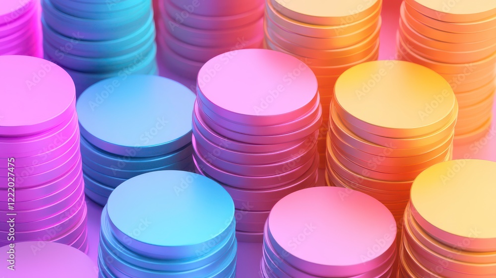 Poster a vibrant display of stacked coins in various pastel shades, creating a visually appealing and color