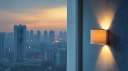 Close-up of a wall lamp in a hotel room, with a window offering a city view and a minimalistic interior design