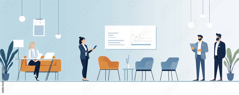 Poster a modern-day marketer presenting survey-based strategies to a team in an innovative workspace