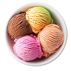 Fototapeta premium A white bowl contains four scoops of assorted ice cream flavors: chocolate, strawberry, vanilla and orange.