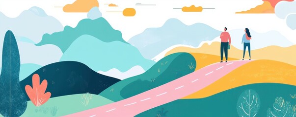 A vibrant illustration of two people walking on a colorful path through rolling hills, surrounded by stylized trees and a bright sky.
