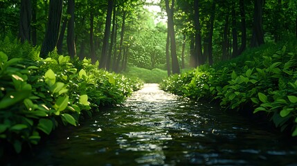 Obraz premium Serene Forest Stream Surrounded by Lush Greenery and Sunlight