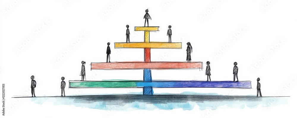 Poster a colorful pyramid structure with figures at various levels, symbolizing hierarchy, teamwork, and co