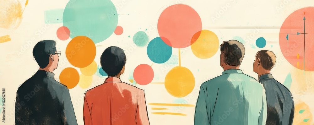 Poster a group of four individuals observes colorful circles and patterns on a screen, suggesting a collabo