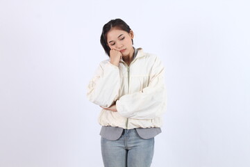 Woman Expresses Sadness: Contemplation, Loneliness, and Quiet Reflection on a White Background
