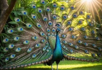 Obraz premium Majestic Peacock Displaying Vibrant Tail Feathers in Sunlight, Green Nature Background