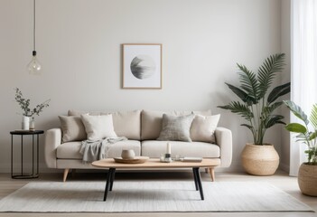 Modern Beige Living Room Interior Design with Sofa, Plants, and Coffee Table