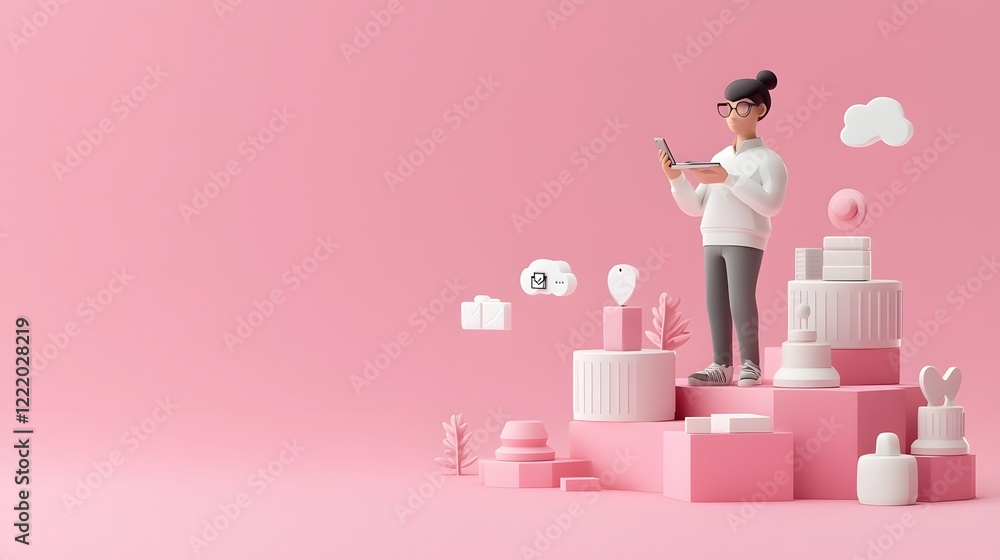 Poster stylish corporate transformation journey with luminous tech elements futuristic 3d depicting a woman