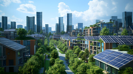 Fototapeta premium A modern city with solar panels integrated into all buildings, creating a cleaner and greener environment.
