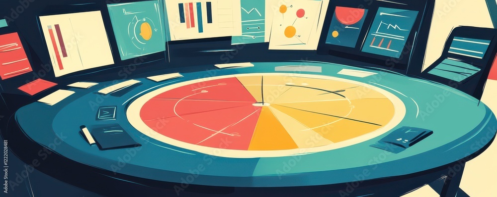 Poster a futuristic control room with a round table displaying colorful graphs and data visualizations acro