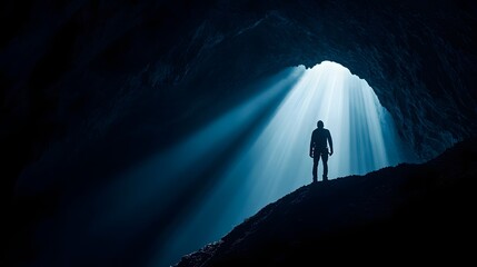 Thrill seeking adventurer silhouetted against beams of light as they abseil into the depths of a dark cavernous cave system exploring the unknown and embracing the challenge of the journey