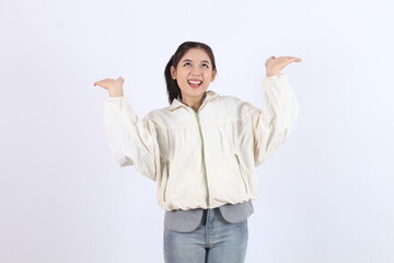 Woman Gestures Upwards, Expressing Excitement and Enthusiasm with Open Hands, Looking Up Joyfully