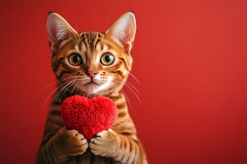Obraz premium Digital ads artwork. Bengal - my beloved cat. Cute bengal kitty with fluffy red heart - emblem of love, funny greeting card. Cute red animal valentine. Fluffy animal valentine's day. Cute pet.