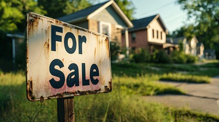 Weathered "For Sale" sign leaning against an overgrown, abandoned suburban house, symbolizing economic decline and housing crisis in neglected neighborhoods.