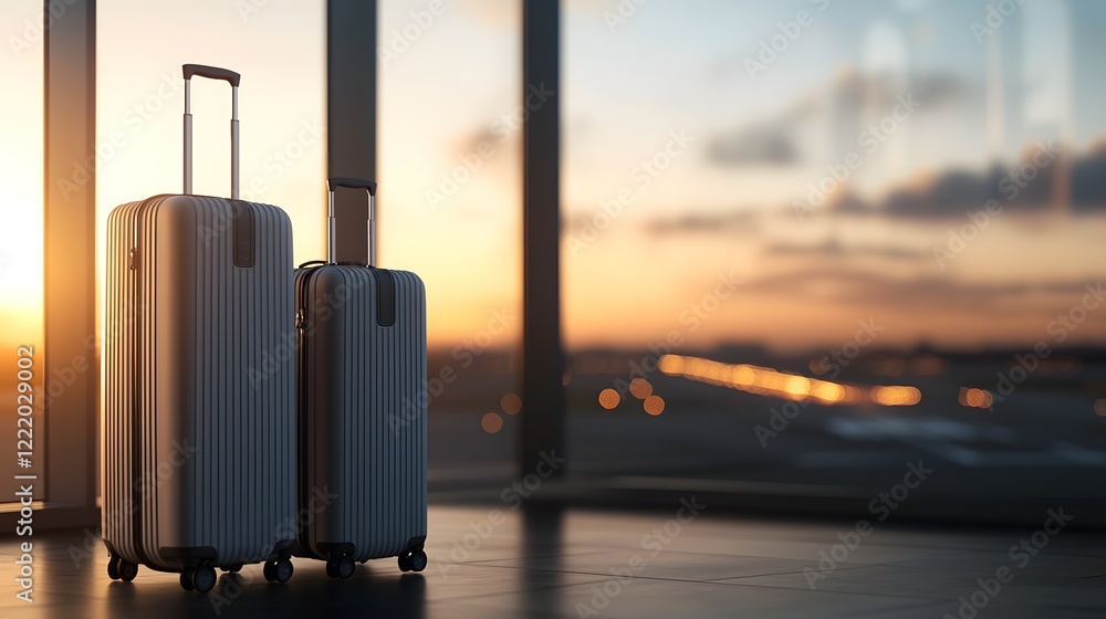 Poster two elegant suitcases resting by a panoramic window in an airport terminal with a blurred runway vie