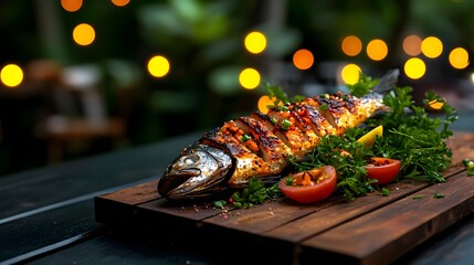 Grilled Fish Dish on Wooden Platter Surrounded by Fresh Vegetables