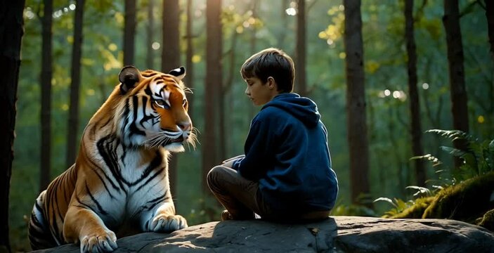 young man with tiger, seamless lopping video 4k time lapse