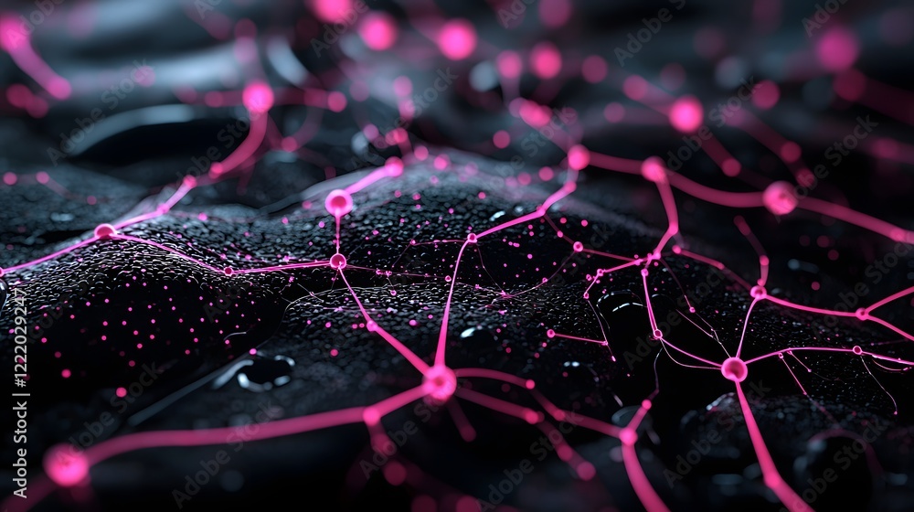 Poster vibrant abstract network connections digital 3d with glowing neon lines dots and particles on a dark