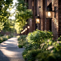 Obraz premium Serene Pathway with Lush Greenery and Warm Street Lamps in Evening Light