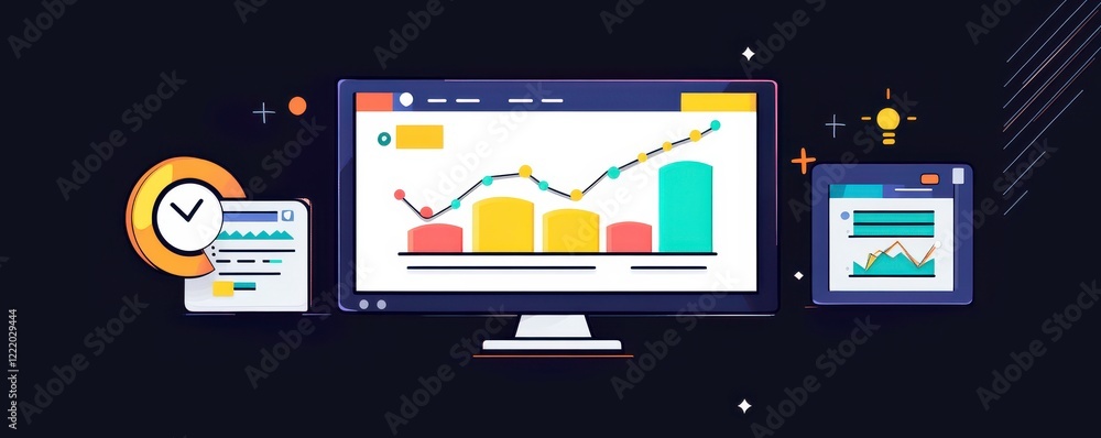 Poster a digital dashboard displays colorful graphs and charts, illustrating data analysis with a modern de