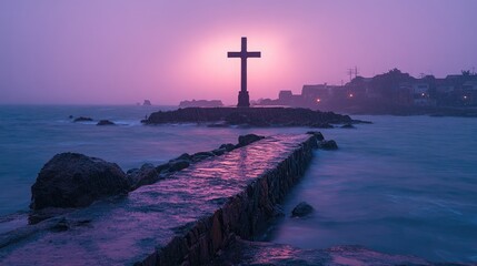 Silhouette of cross at sunrise over rocky shoreline with purple sky and calm ocean. Easter, Pascha, Paskha, Ostern, Pascua, Paques - Orthodox and Catholic Holiday celebration
