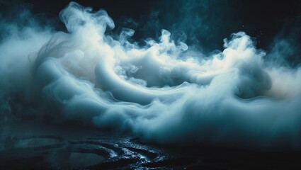 Ethereal Fog Effect with Soft Blue and Orange Glow on a Dark Rocky Background