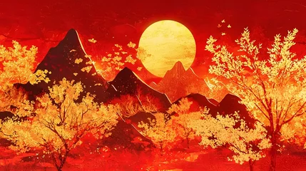 Selbstklebende Fototapeten Vibrant autumn landscape with glowing sun golden foliage and mountains in a serene culturally authentic Chinese New Year setting  The warm festive atmosphere creates a cozy inviting ambiance © Kunchan