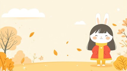 Fototapeta premium Cute autumn cartoon girl with bunny ears in a red coat surrounded by falling leaves. Easter, Pascha, Paskha, Ostern, Pascua, Paques - Orthodox and Catholic Holiday celebration