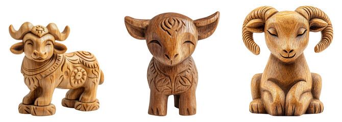 Three intricately carved wooden animal figurines isolated on a transparent background