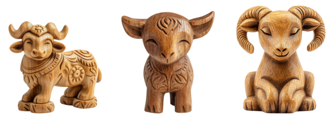 Three intricately carved wooden animal figurines isolated on a transparent background