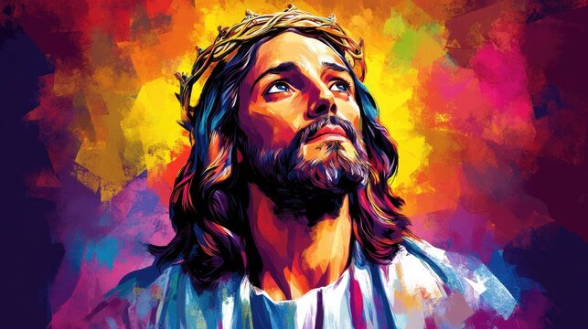 Vivid portrait of young caucasian man with crown against colorful abstract background. Easter, Pascha, Paskha, Ostern, Pascua, Paques - Orthodox and Catholic Holiday celebration